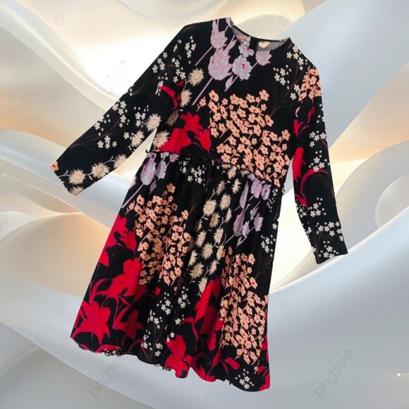 AVA & LU Vibrant Multicolor Floral Print Black Background Knee Length Dress Sz S - Picture 2 of 6